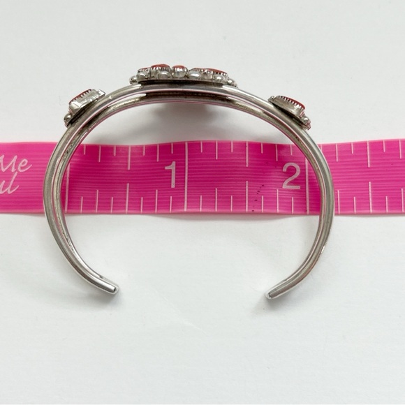 Vintage Milburn Dishta Red Coral Needlepoint Cluster Sterling Silver Cuff - Picture 9 of 11